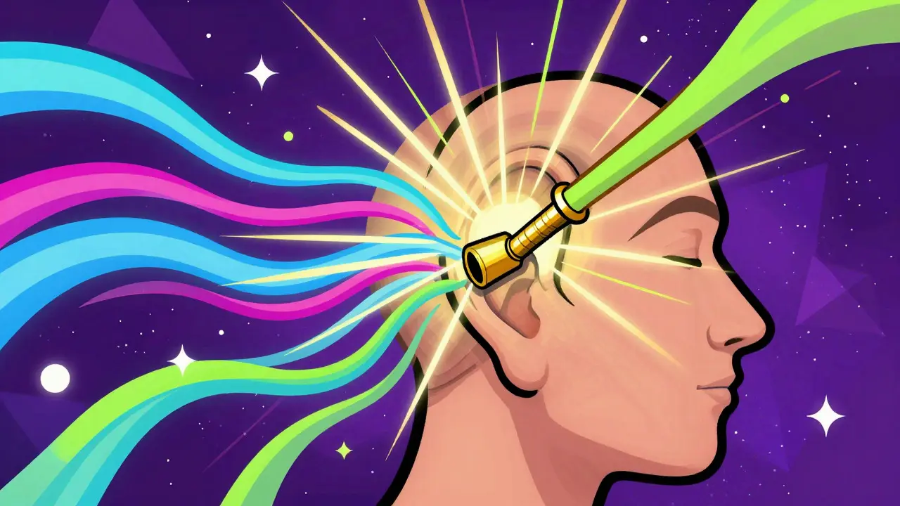 Vibrant illustration of ear tubes releasing pressure with neon light beams