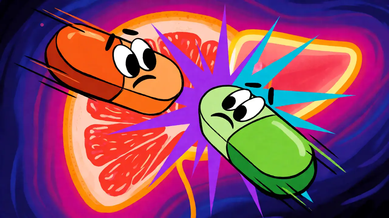 Cartoon art depicting pills interacting dangerously with grapefruit and liver.