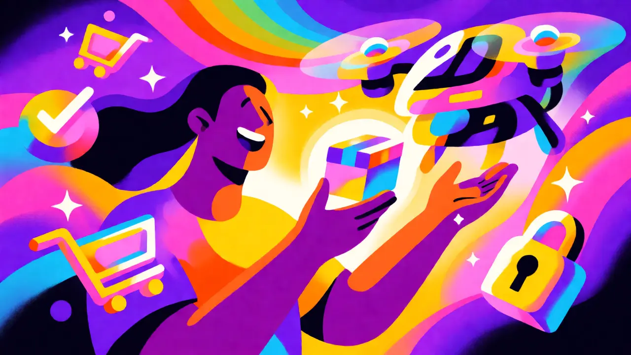 Joyful person receiving a medicine package amidst vibrant psychedelic patterns