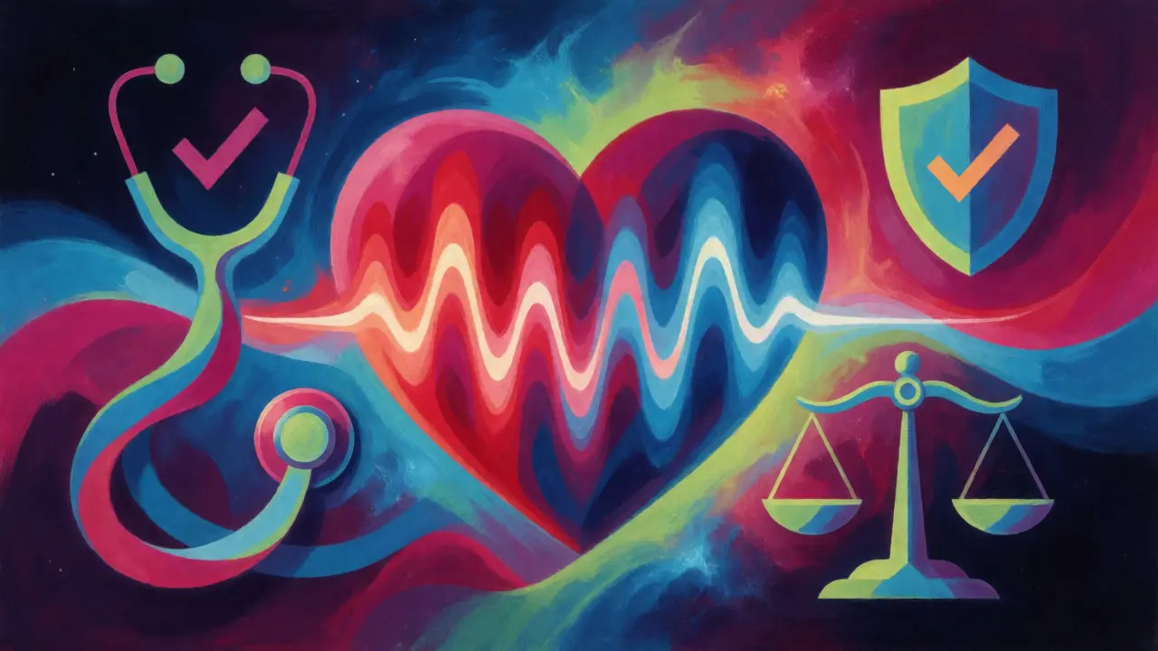 Stylized heart with safety shields and balance scales in neon colors