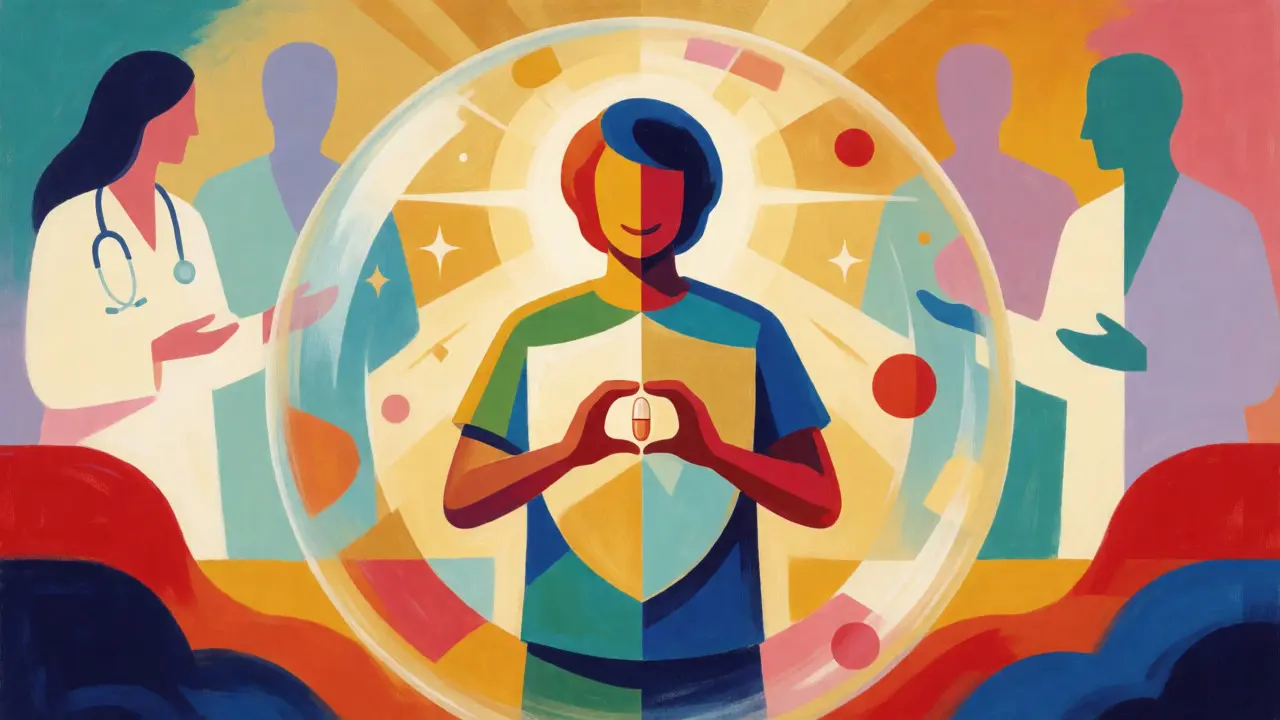Vibrant illustration of a person confidently holding a pill within a safety shield.